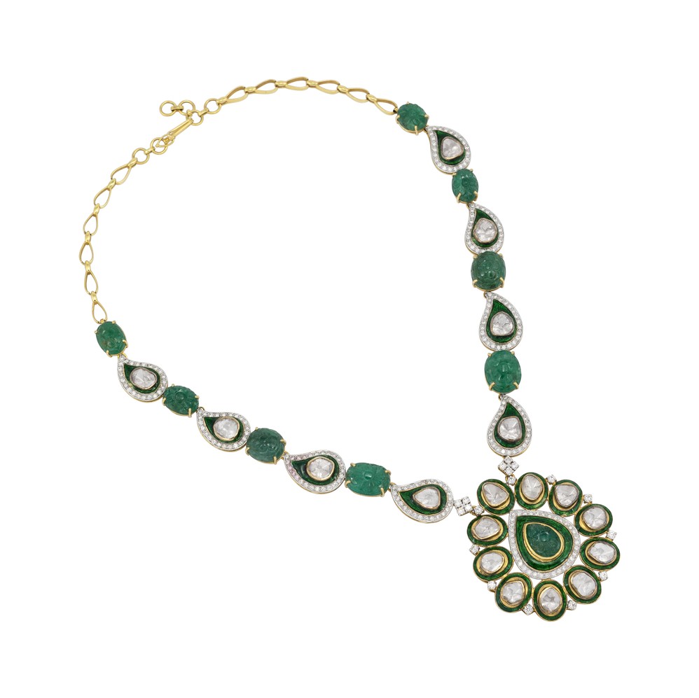 Emerald Bead Polki Necklace with Statement Pendant