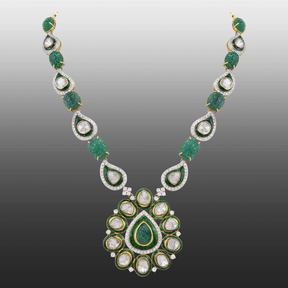 Emerald Bead Polki Necklace with Statement Pendant
