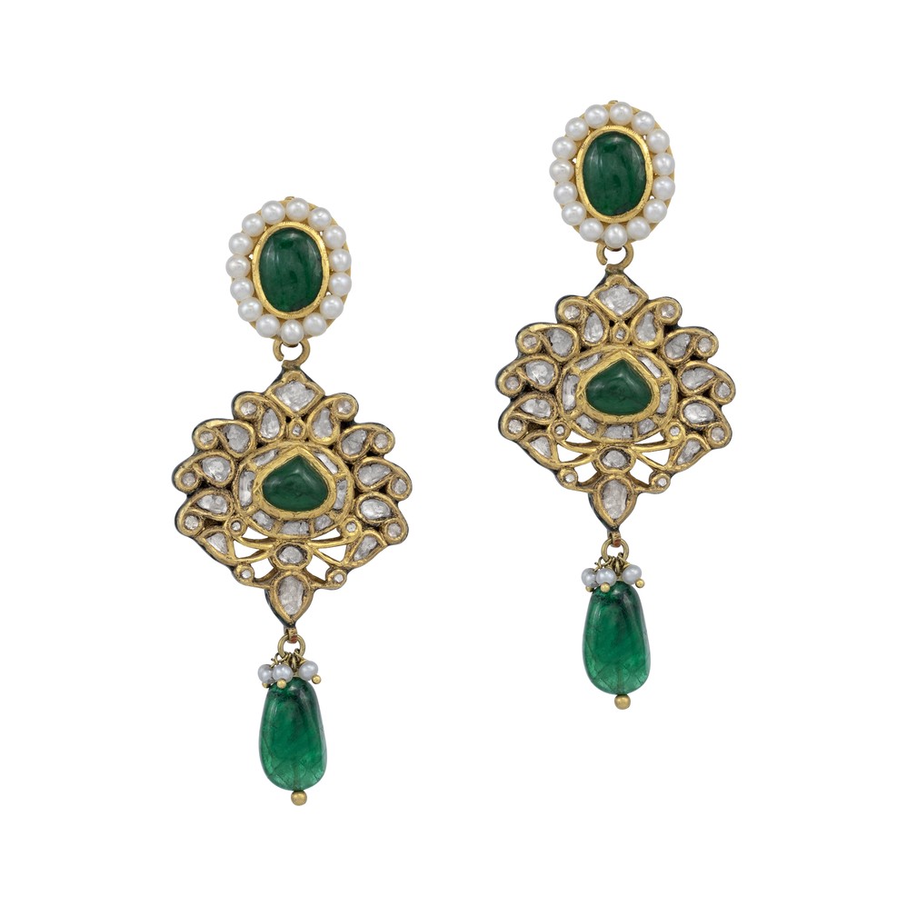 Emerald Polki Danglers with Pearl-Edged Stud