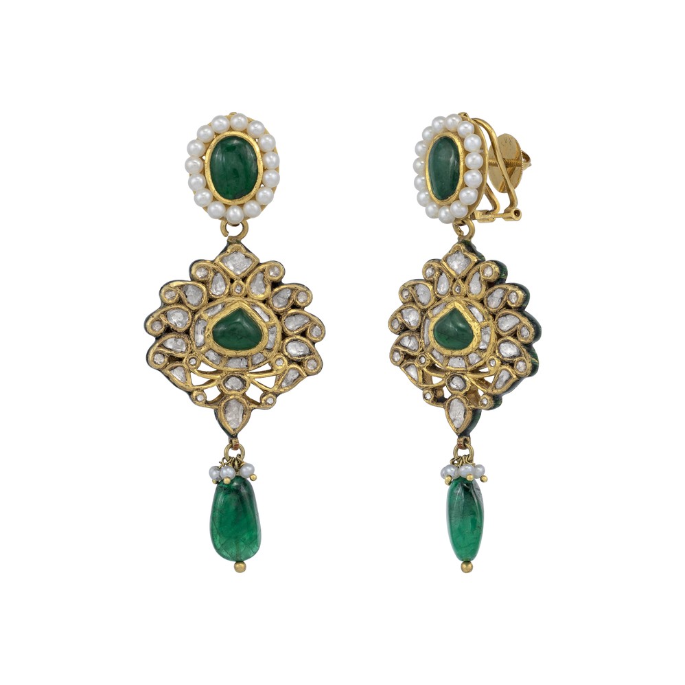 Emerald Polki Danglers with Pearl-Edged Stud