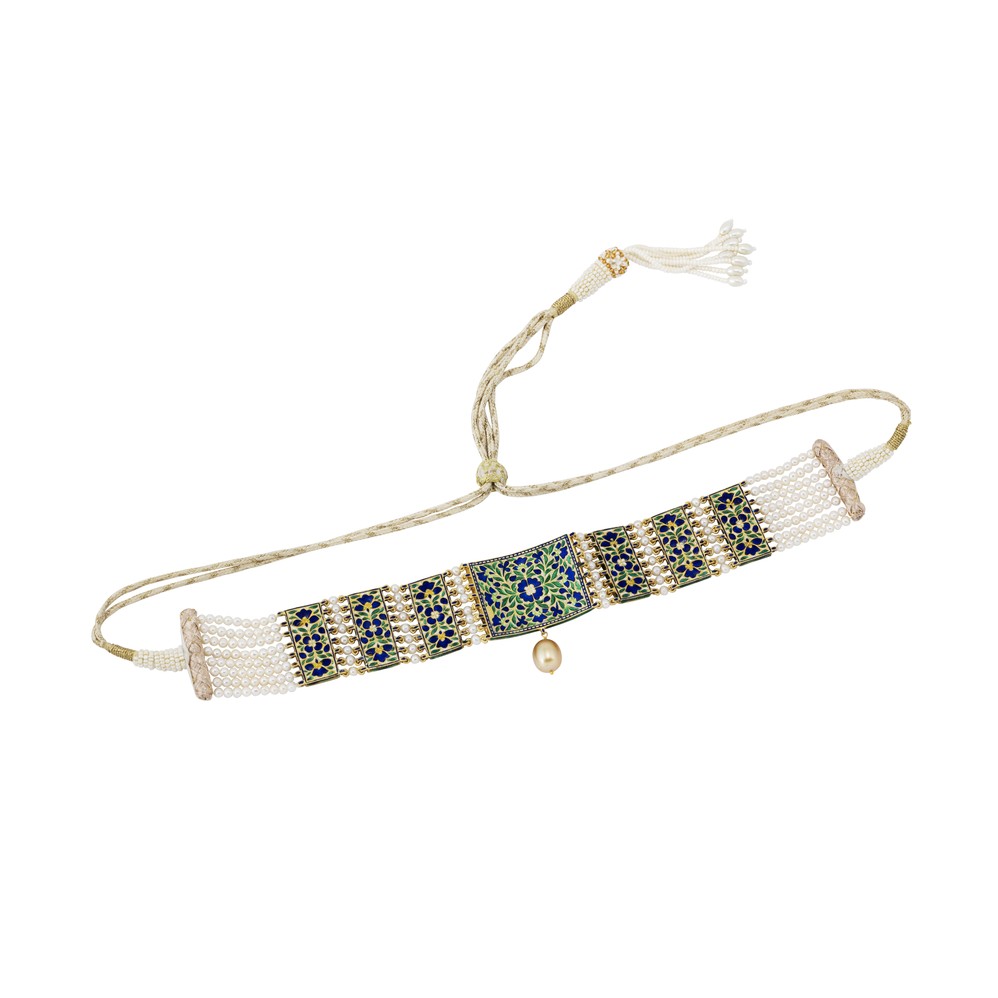 Blue Enamel Polki Choker with Pearl Drop