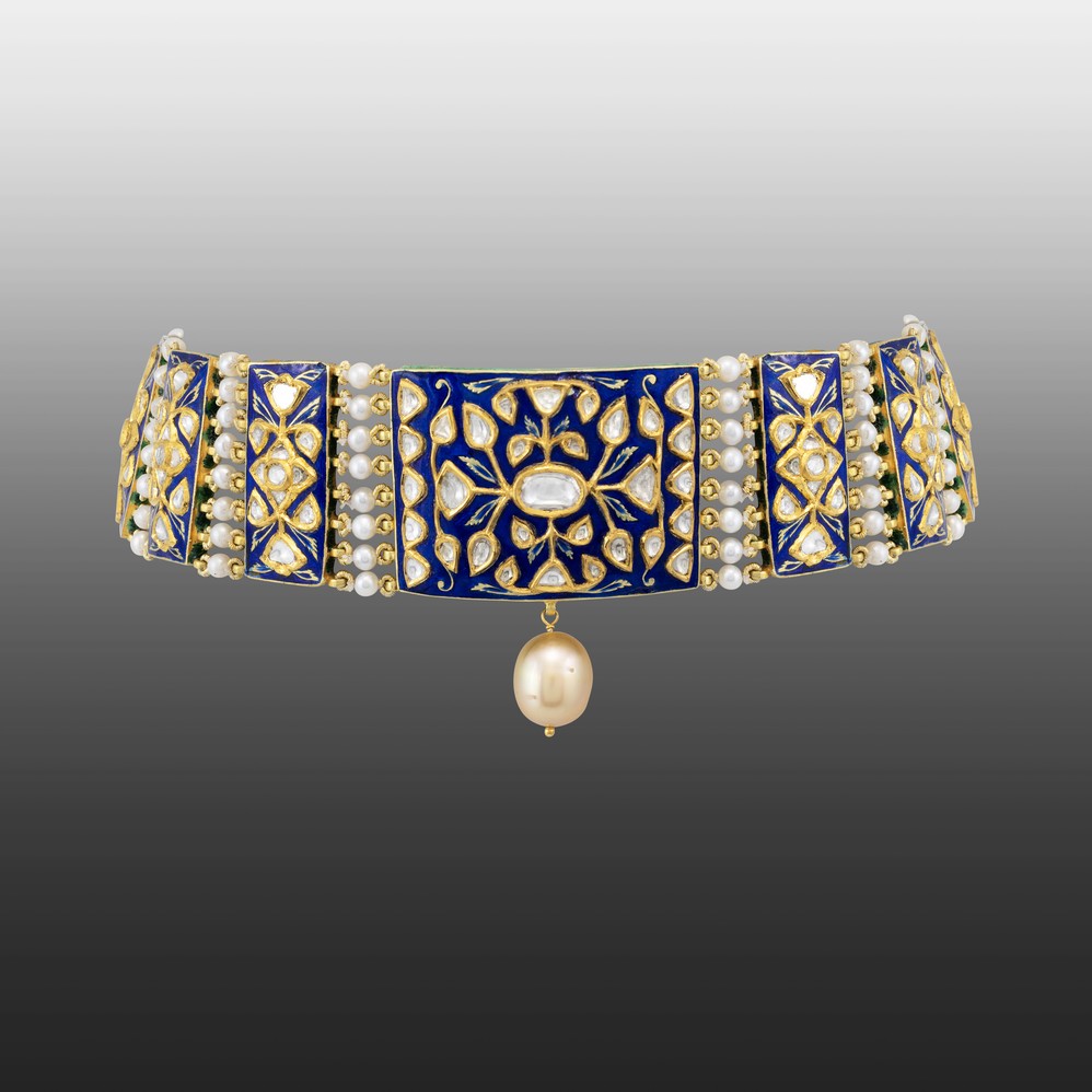 Blue Enamel Polki Choker with Pearl Drop