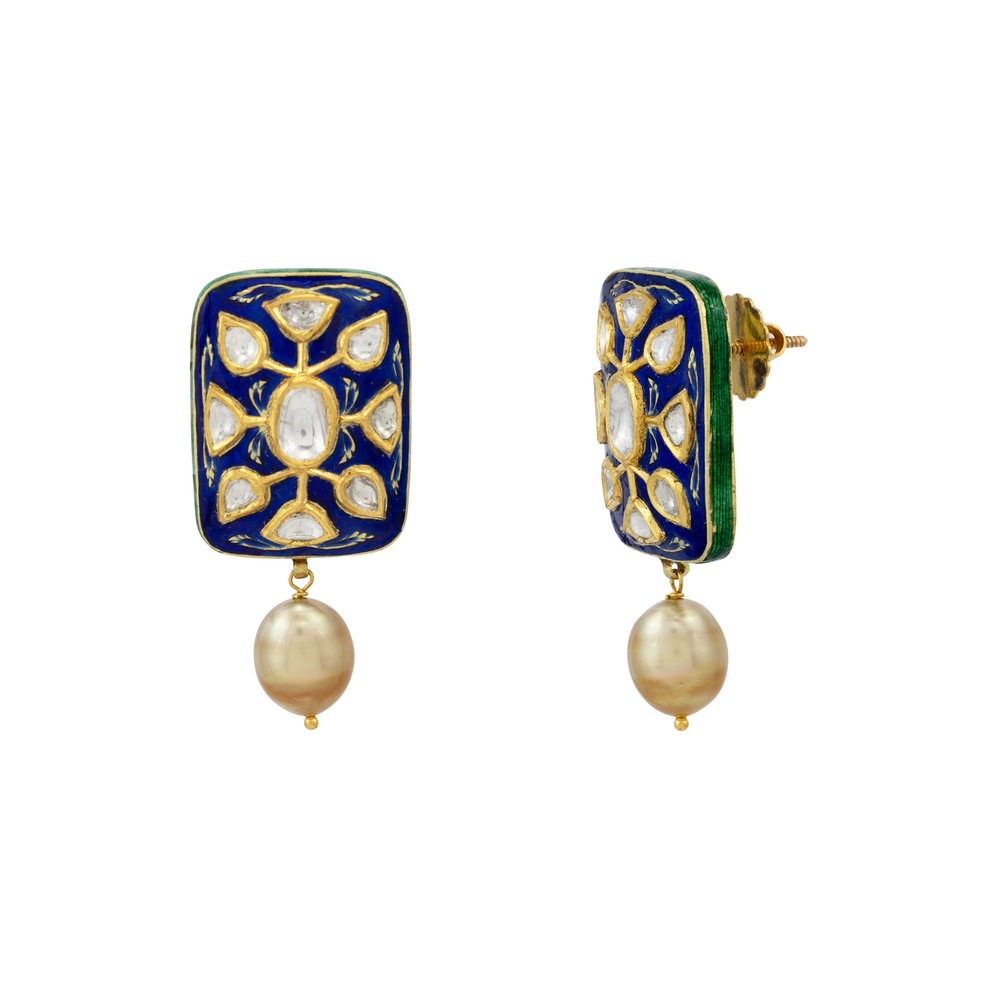 Blue Enamel Polki Studs with South Sea Pearls