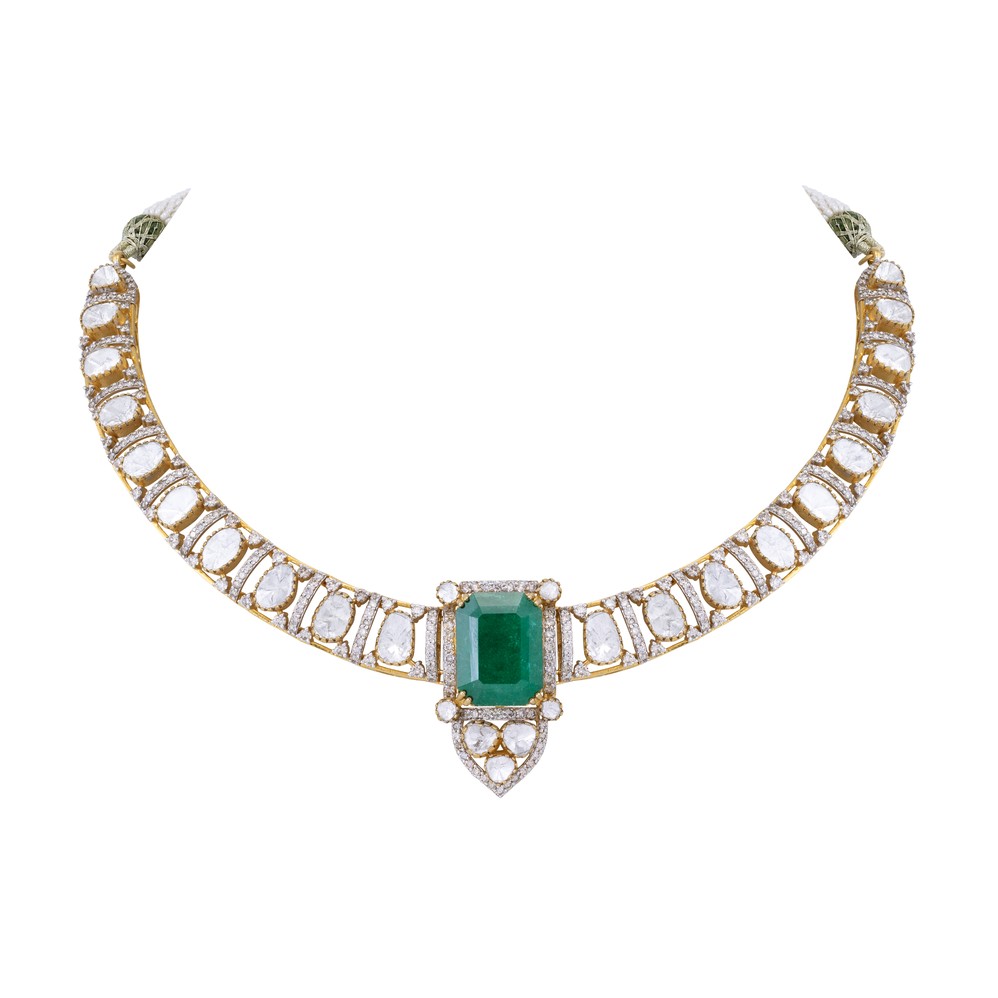 Open-Set Polki Necklace with Emerald Centre