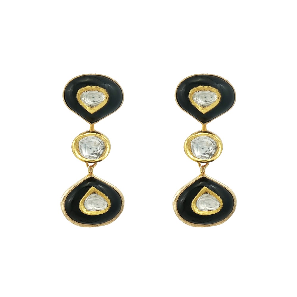 Black Enamel Polki Drop Earrings