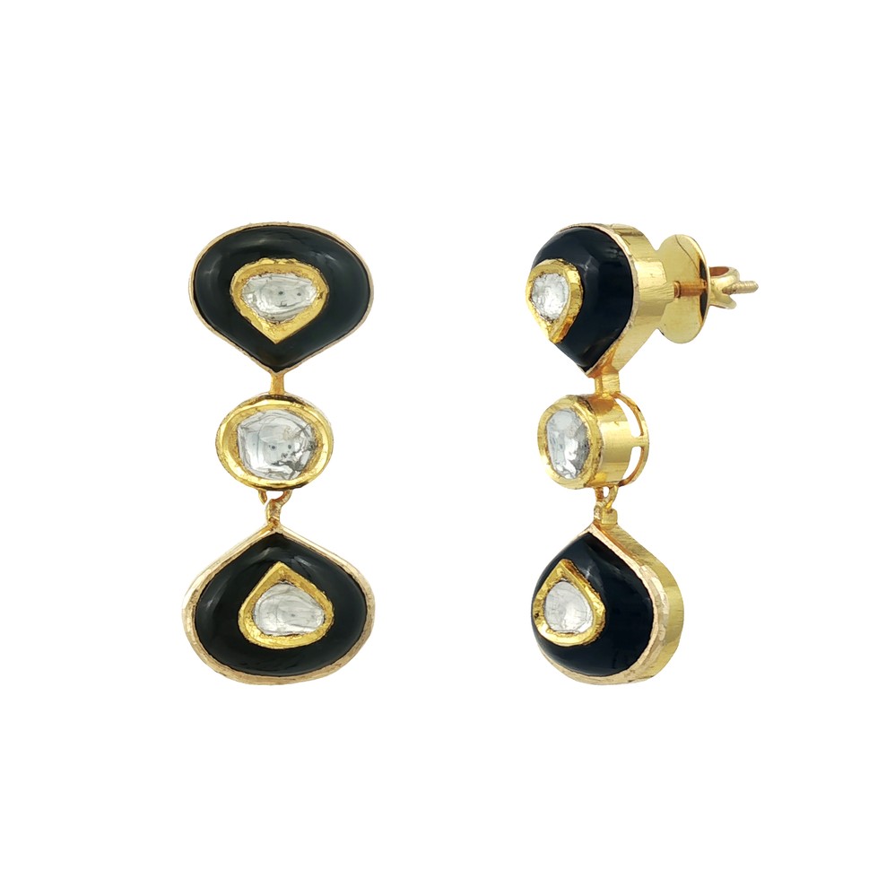 Black Enamel Polki Drop Earrings