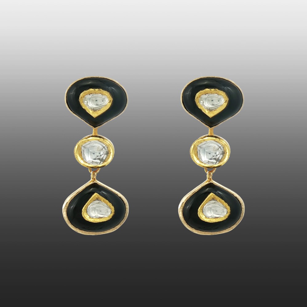 Black Enamel Polki Drop Earrings