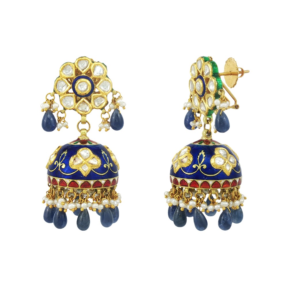Sapphire Jhumkas with Pearl Detailing