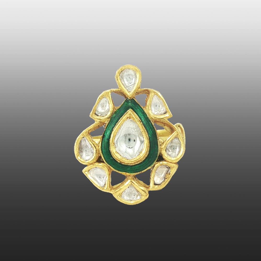 Pear-Shaped Polki Ring with Green Accent