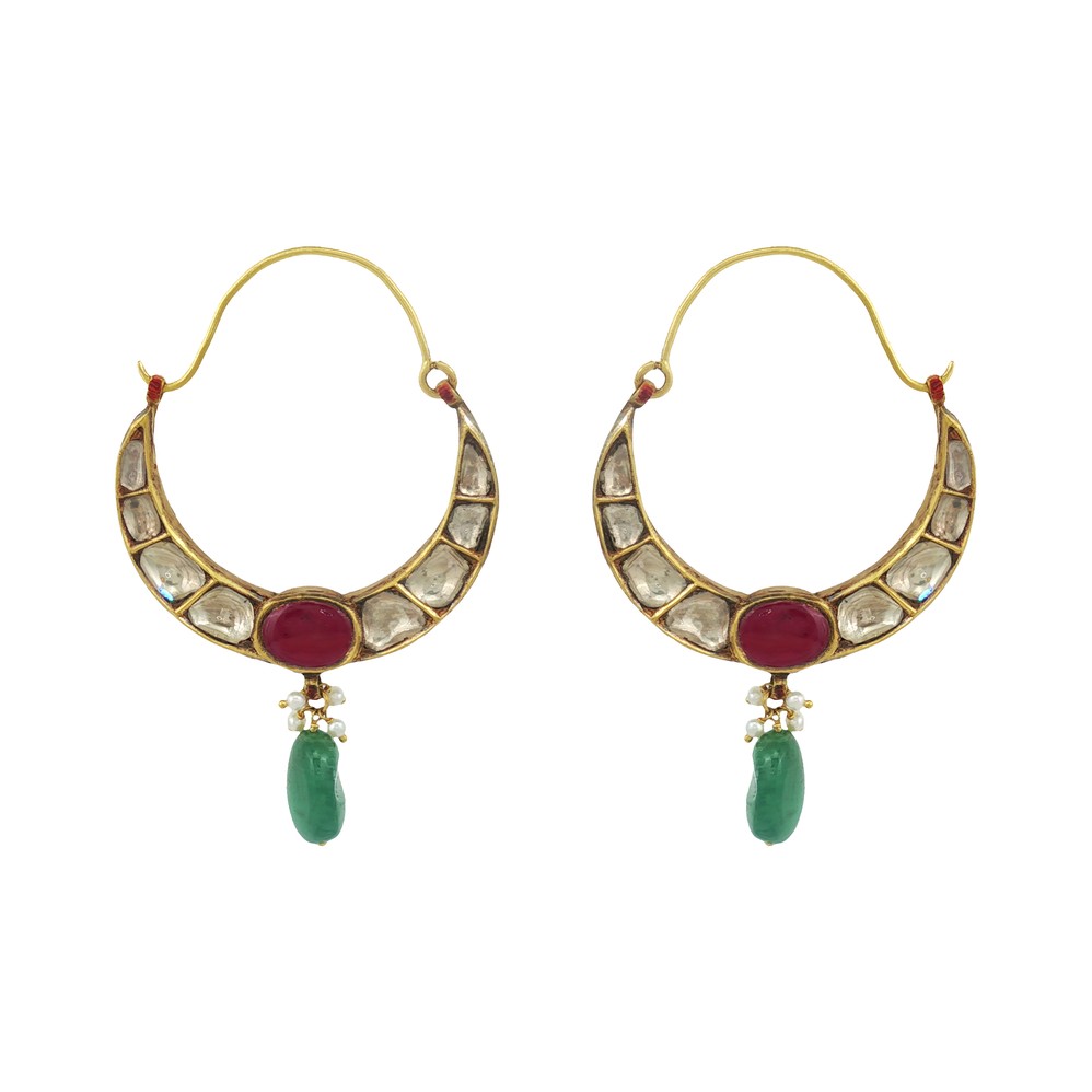 Polki Hoop Earrings with Ruby and Emerald Drop
