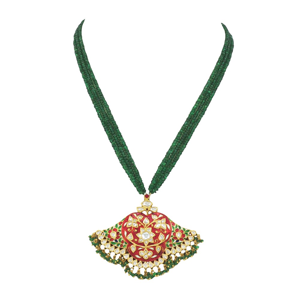 Emerald Bead Necklace with Kundan Pendant