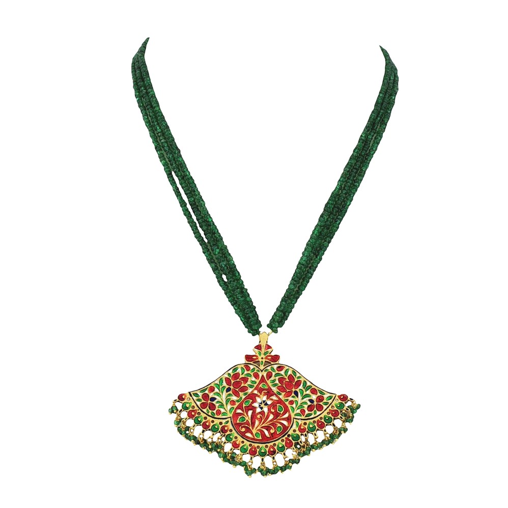 Emerald Bead Necklace with Kundan Pendant