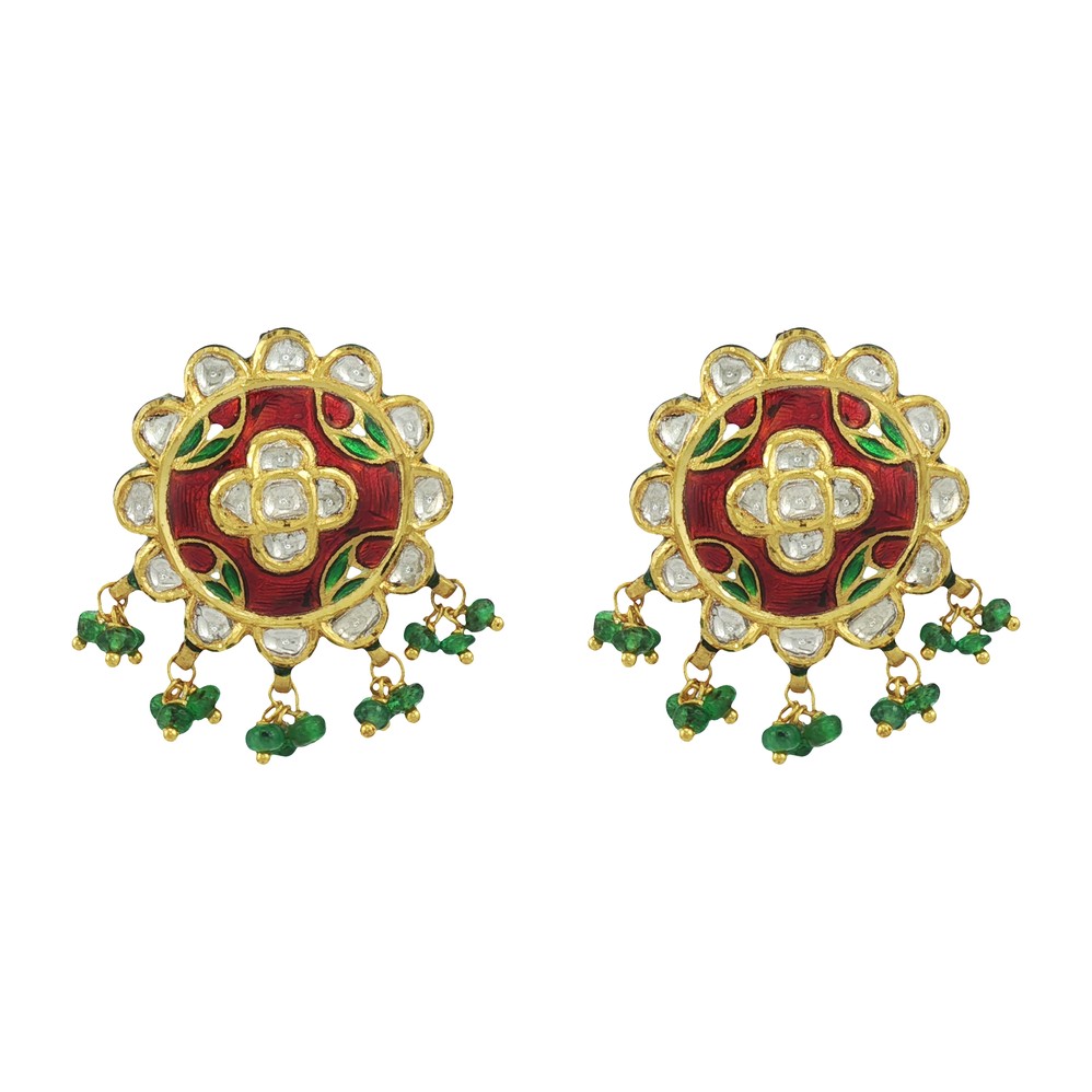 Floral Polki Studs with Green Bead Fringe