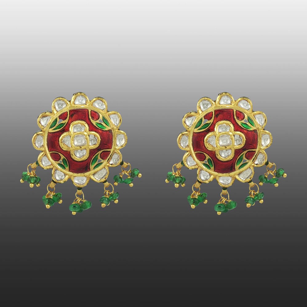 Floral Polki Studs with Green Bead Fringe