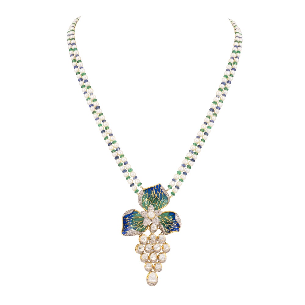 Japanese Pearl Necklace with Enamel Pendant