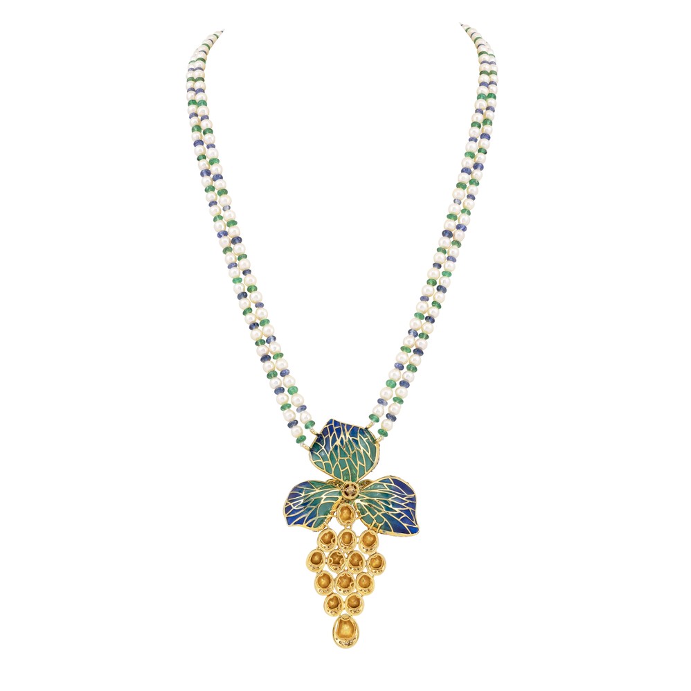 Japanese Pearl Necklace with Enamel Pendant
