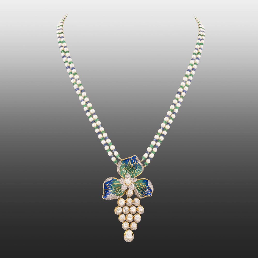 Japanese Pearl Necklace with Enamel Pendant
