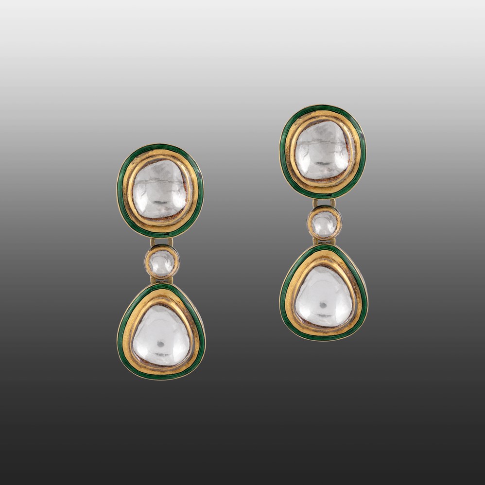 Green Enamel Polki Drop Earrings