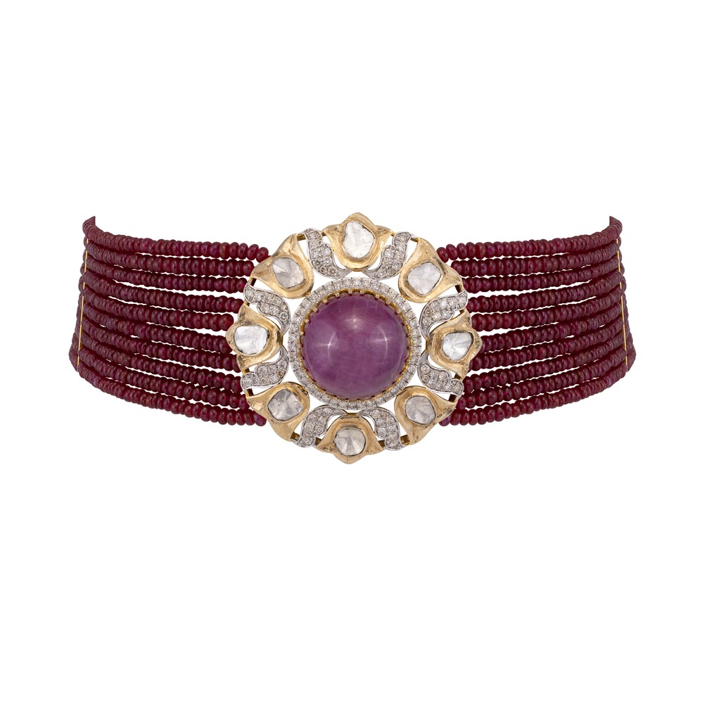 Ruby Bead Choker with Polki and Ruby Centre