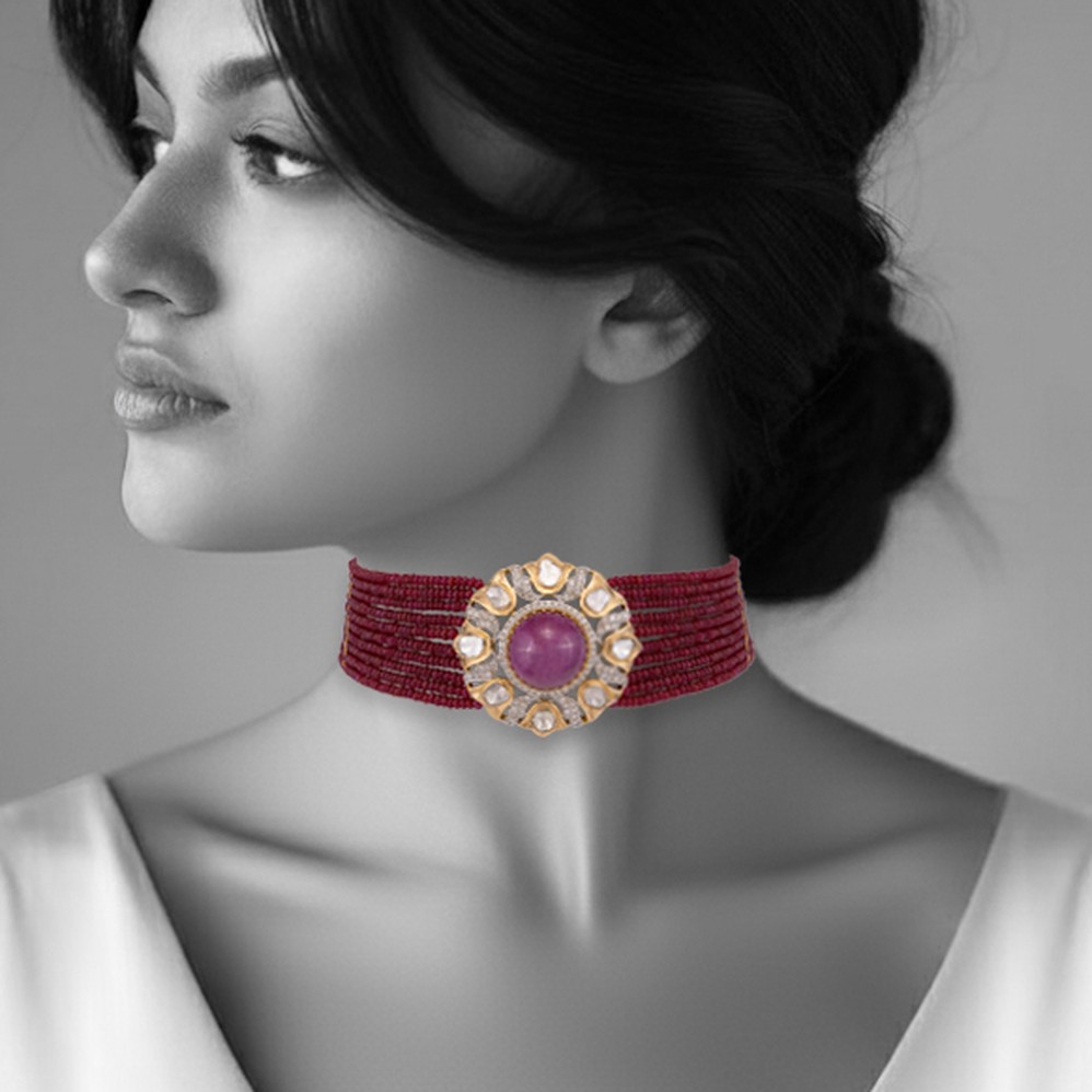 Ruby Bead Choker with Polki and Ruby Centre