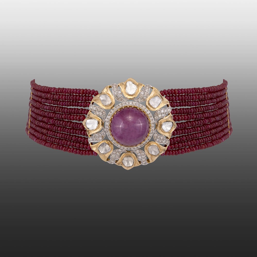 Ruby Bead Choker with Polki and Ruby Centre