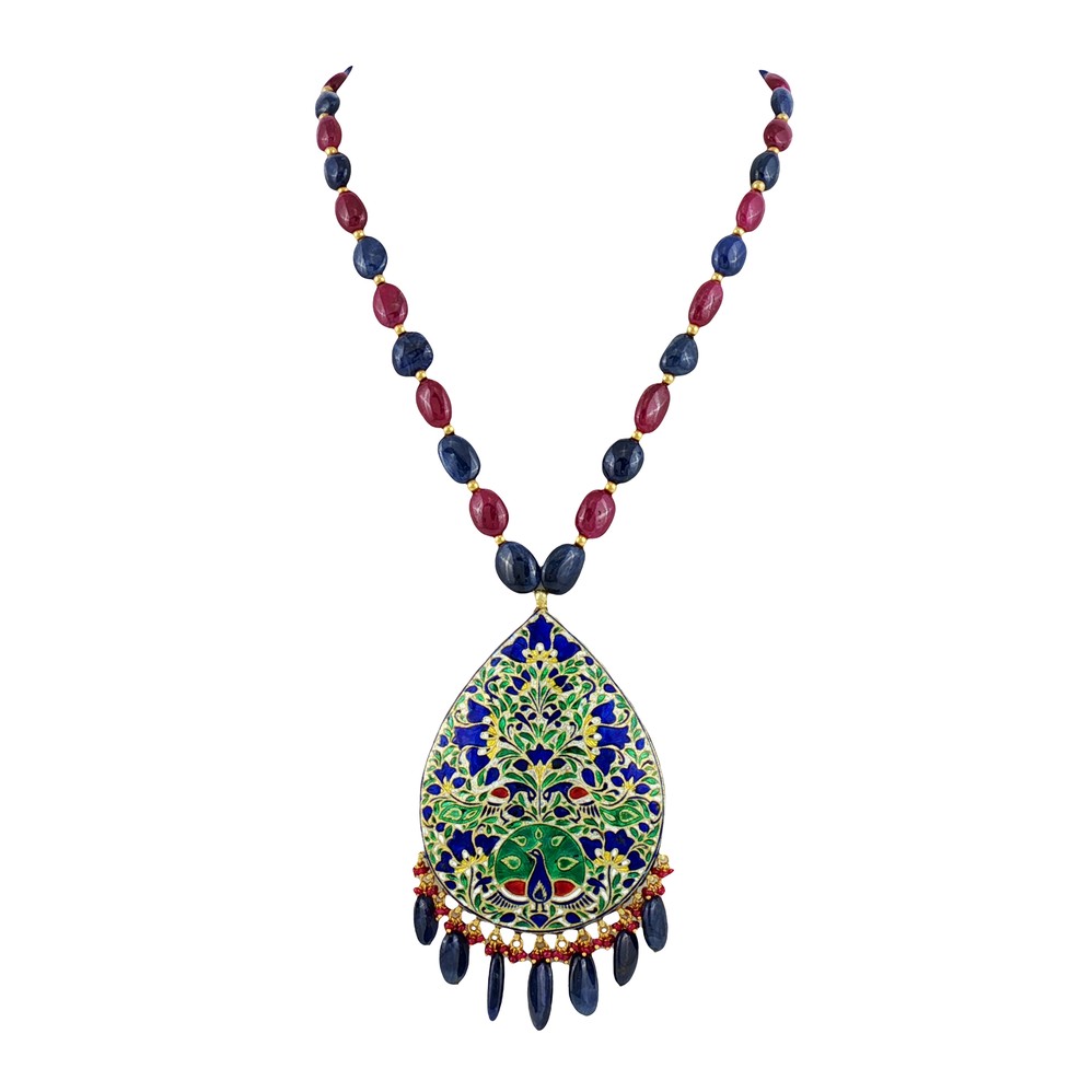 Ruby and Sapphire Necklace with Enamel Pendant