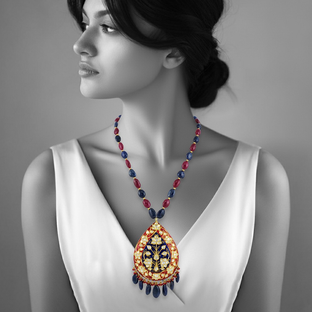 Ruby and Sapphire Necklace with Enamel Pendant