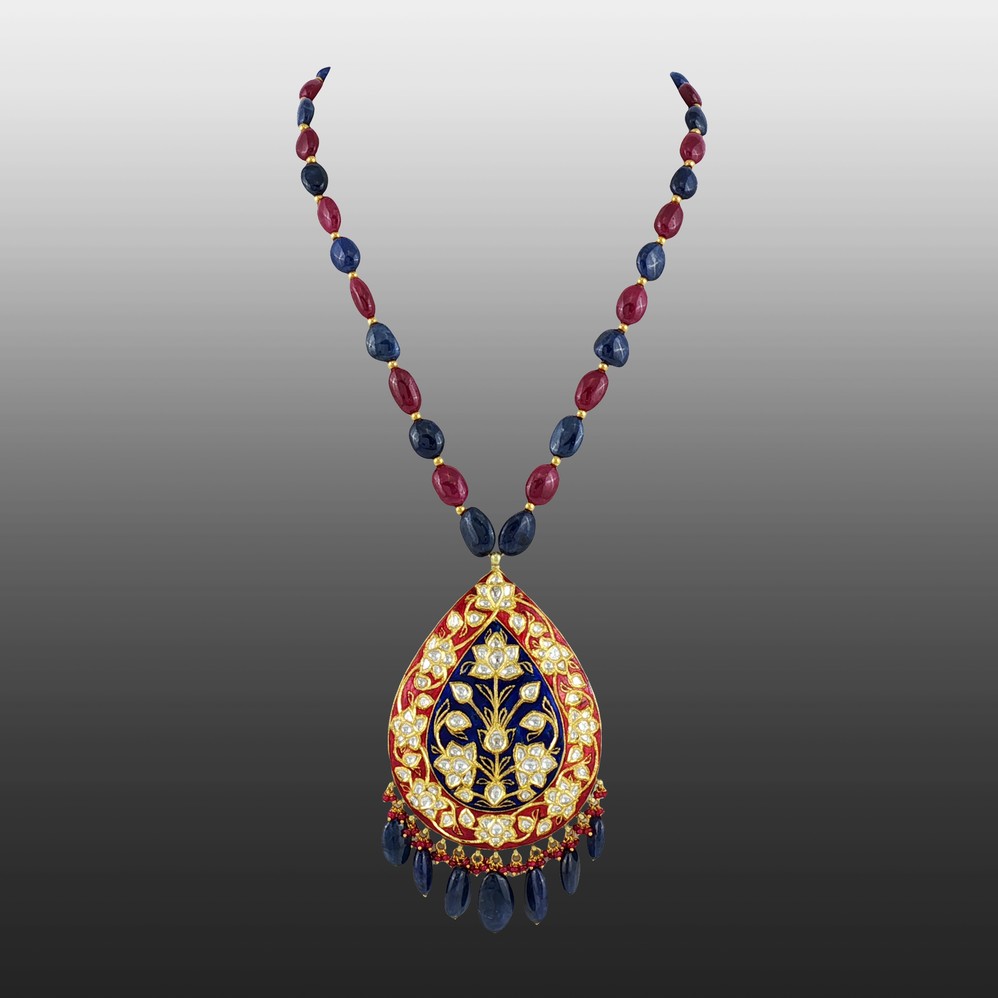 Ruby and Sapphire Necklace with Enamel Pendant