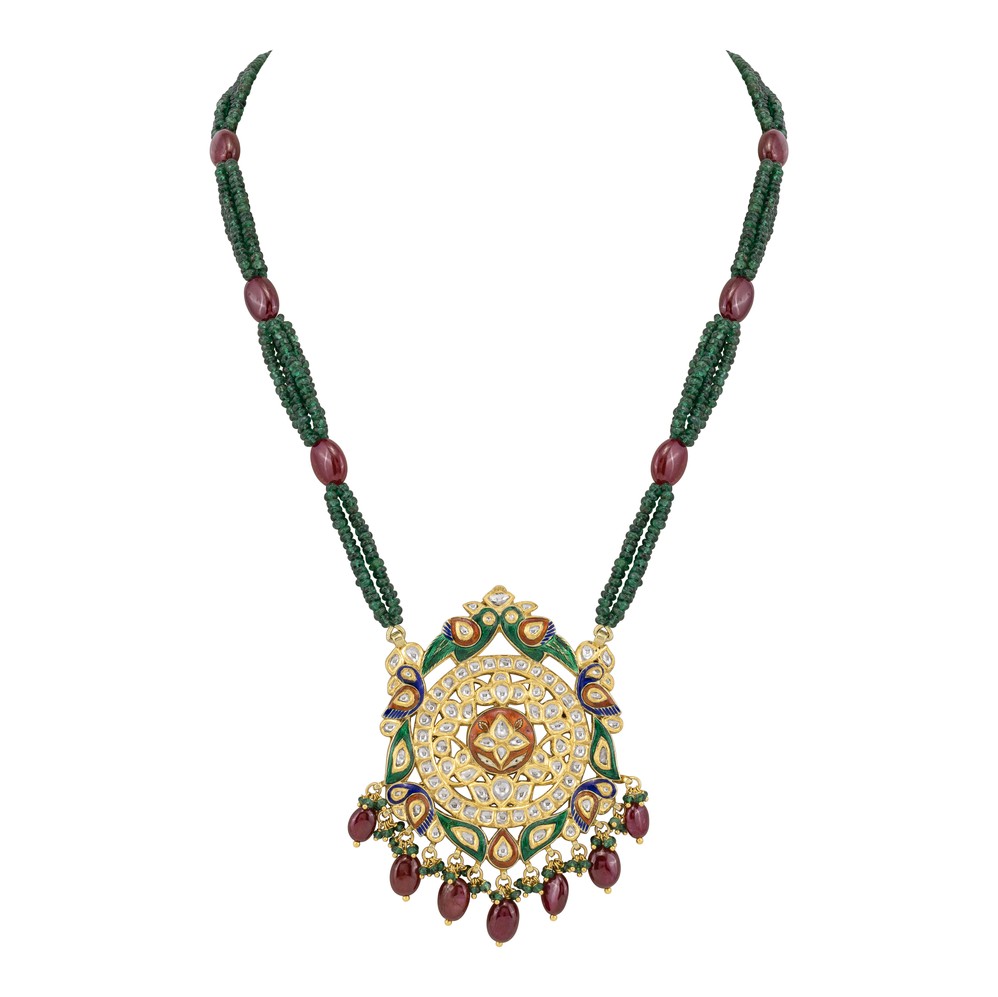 Emerald Bead Necklace with Ruby Drop Pendant