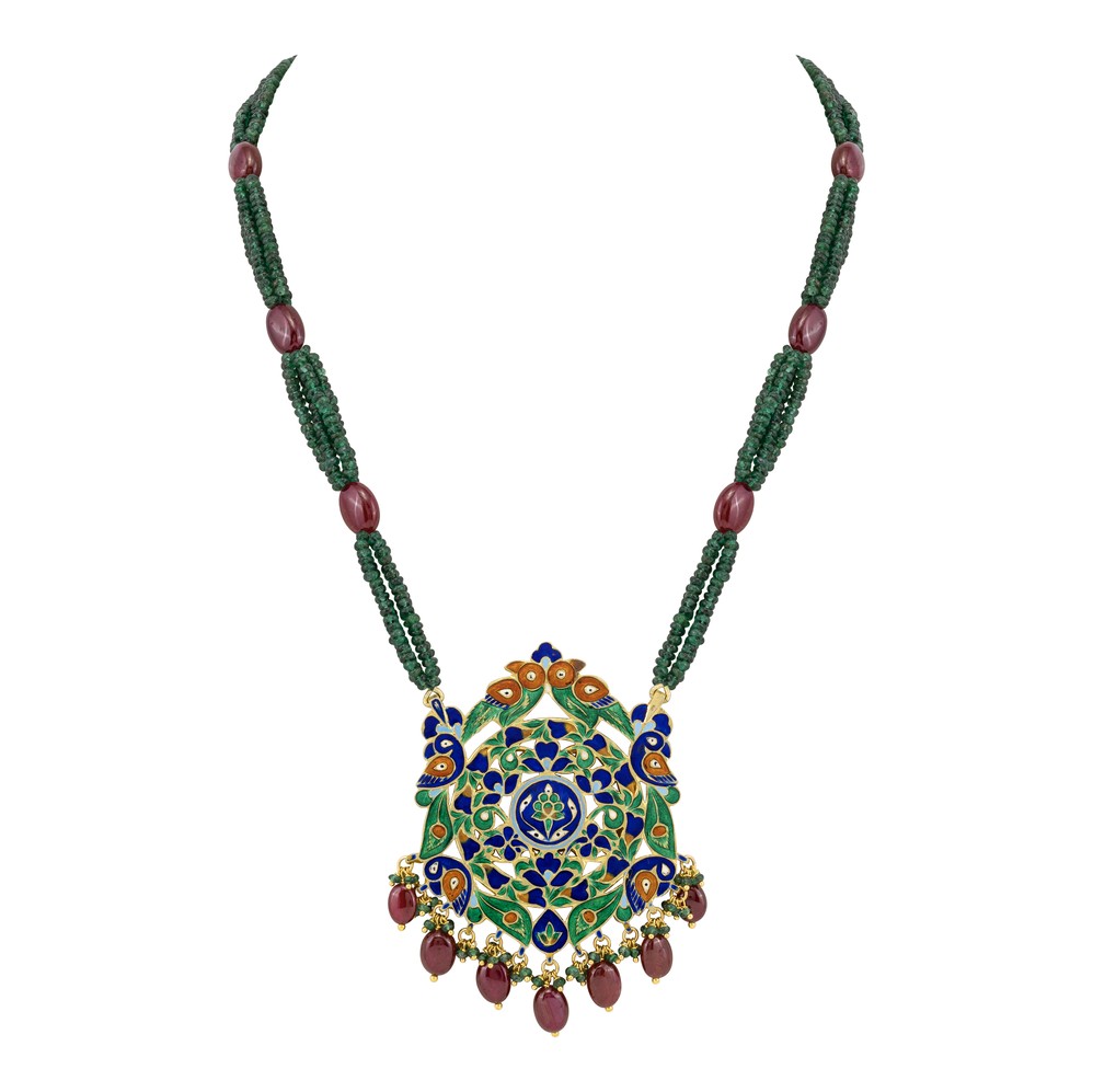 Emerald Bead Necklace with Ruby Drop Pendant