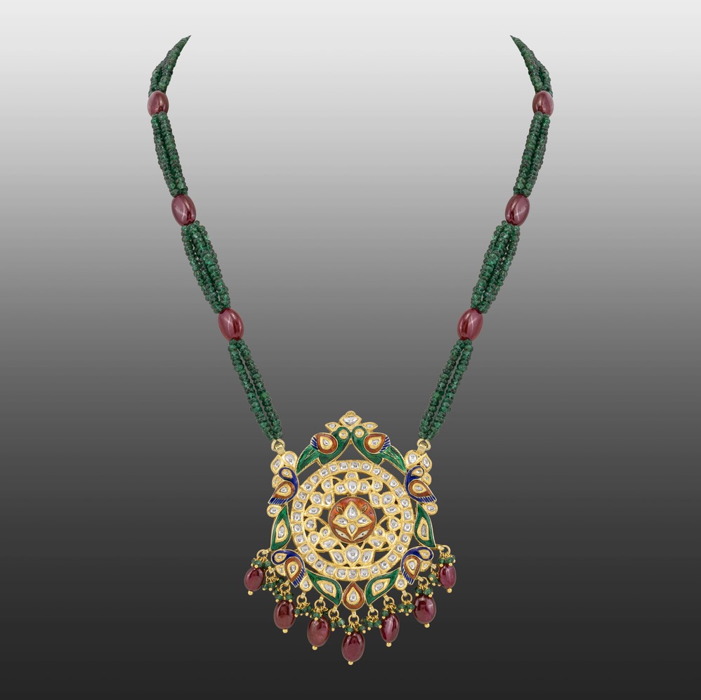 Emerald Bead Necklace with Ruby Drop Pendant