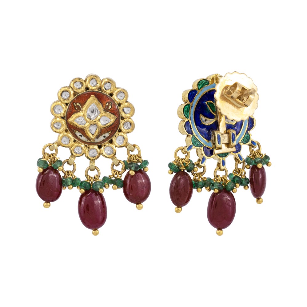 Emerald Bead Earrings with Ruby Drop