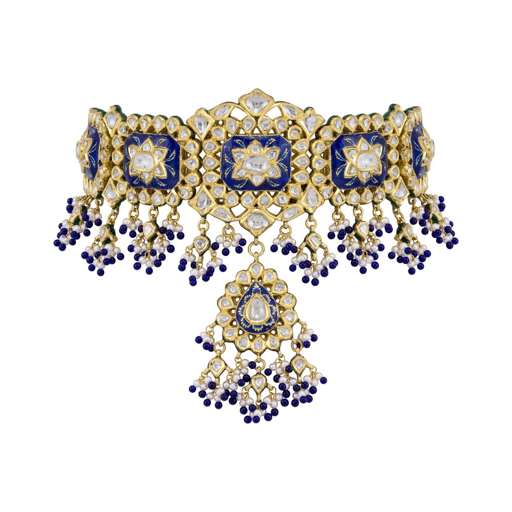 Cultured Pearl Choker with Sapphire and Polki