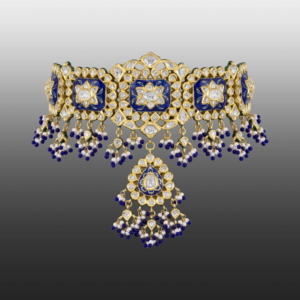 Cultured Pearl Choker with Sapphire and Polki