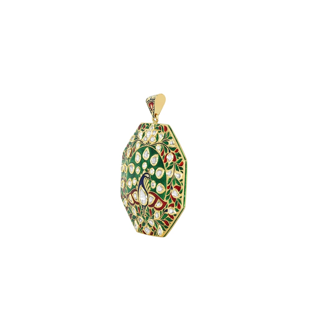 Dual- Sided Polki Pendant with Intricate Floral Enamel