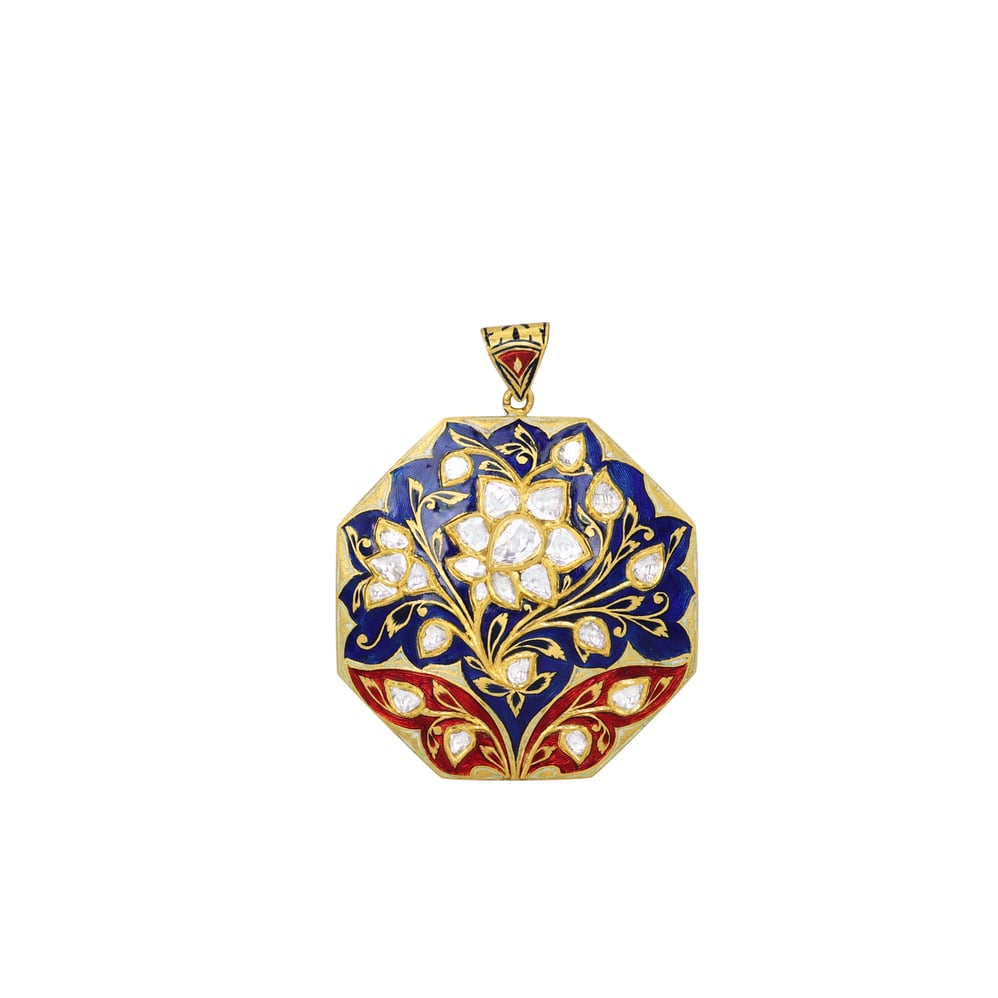 Dual- Sided Polki Pendant with Intricate Floral Enamel
