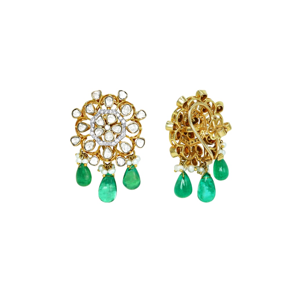Polki Choker Set with Emerald Drops and Floral Motifs