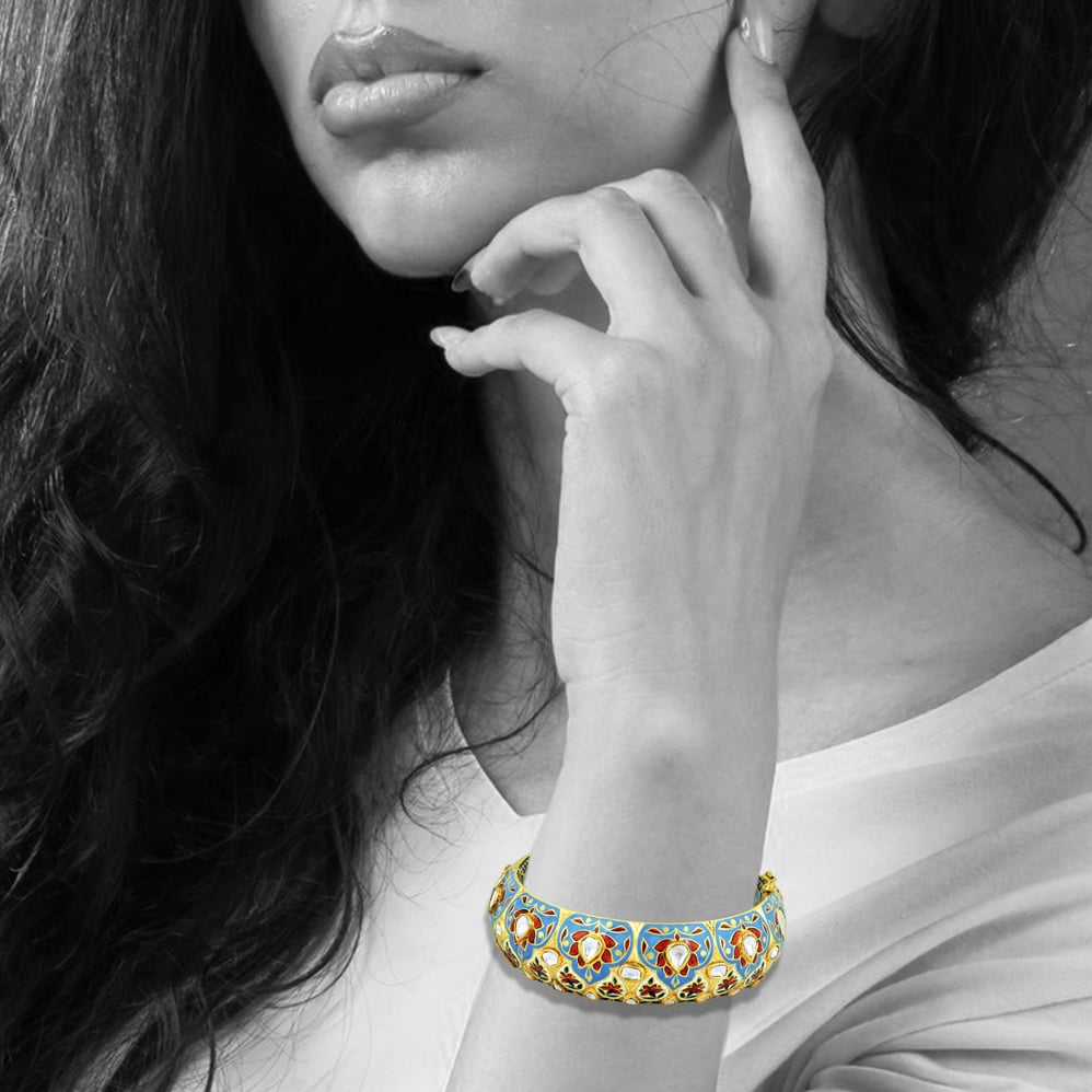 Gold Bangle with Crimson Lotus Motifs and Polki on Blue Enamel
