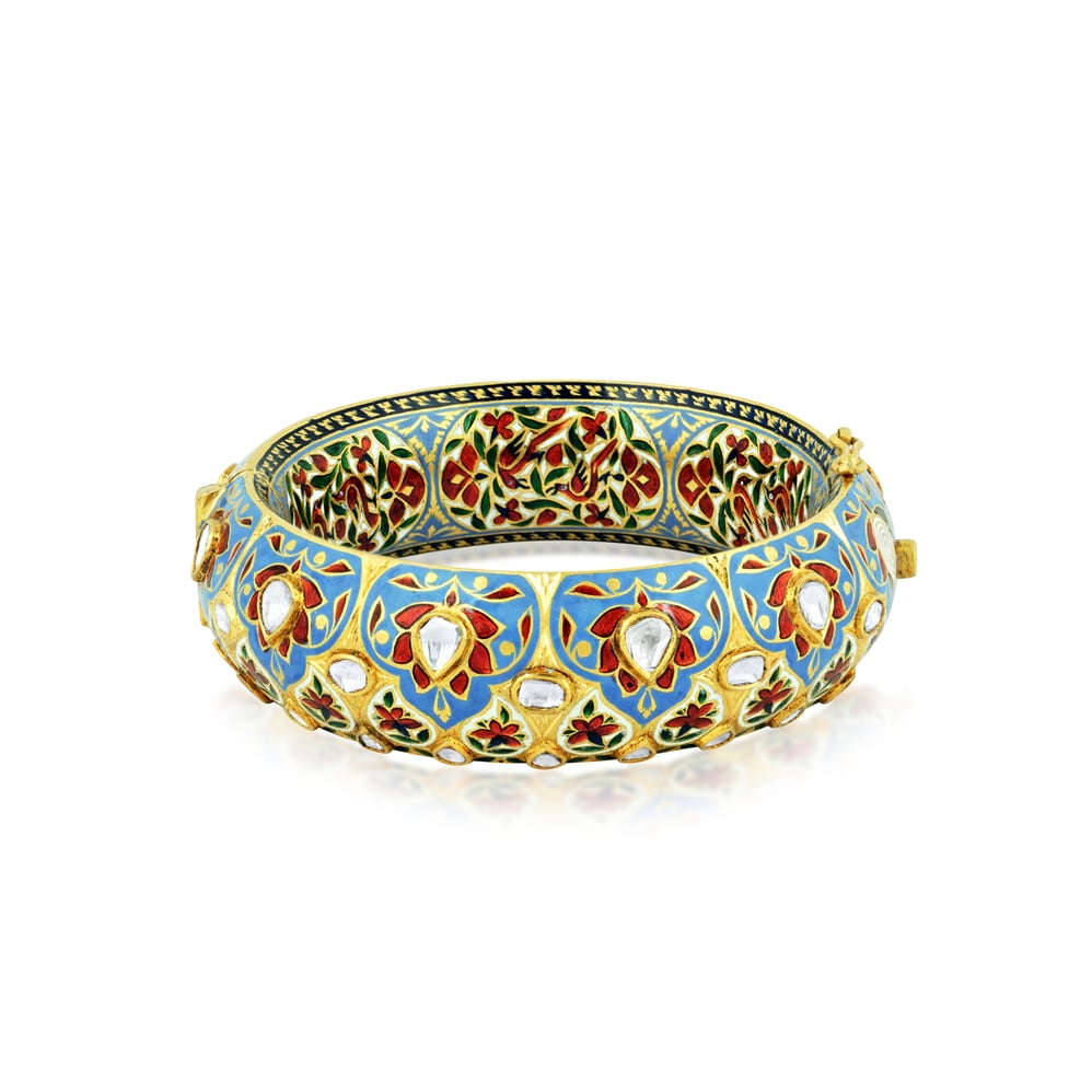 Gold Bangle with Crimson Lotus Motifs and Polki on Blue Enamel