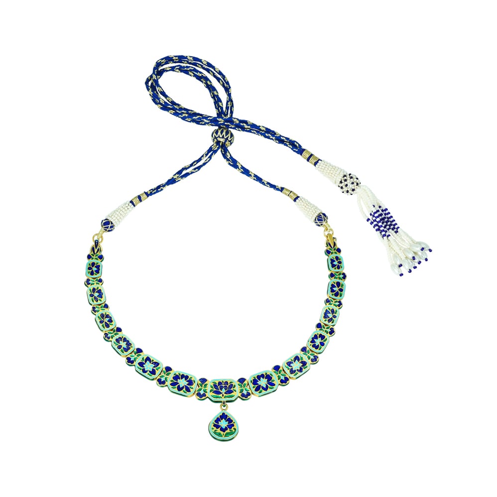 Square and Teardrop Polki Necklace with Blue Meena