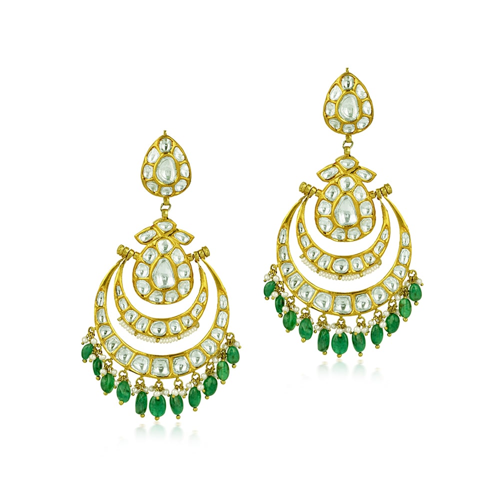 Chandbali Earrings with Polki, Emerald Maniya, and Pearls