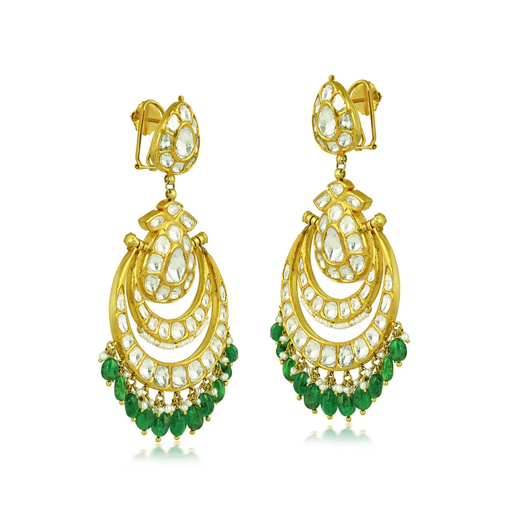 Chandbali Earrings with Polki, Emerald Maniya, and Pearls