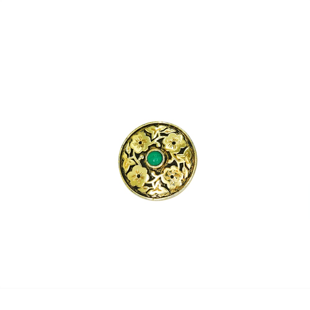Men&rsquo;s Button with Gold Floral Design and Green Stone