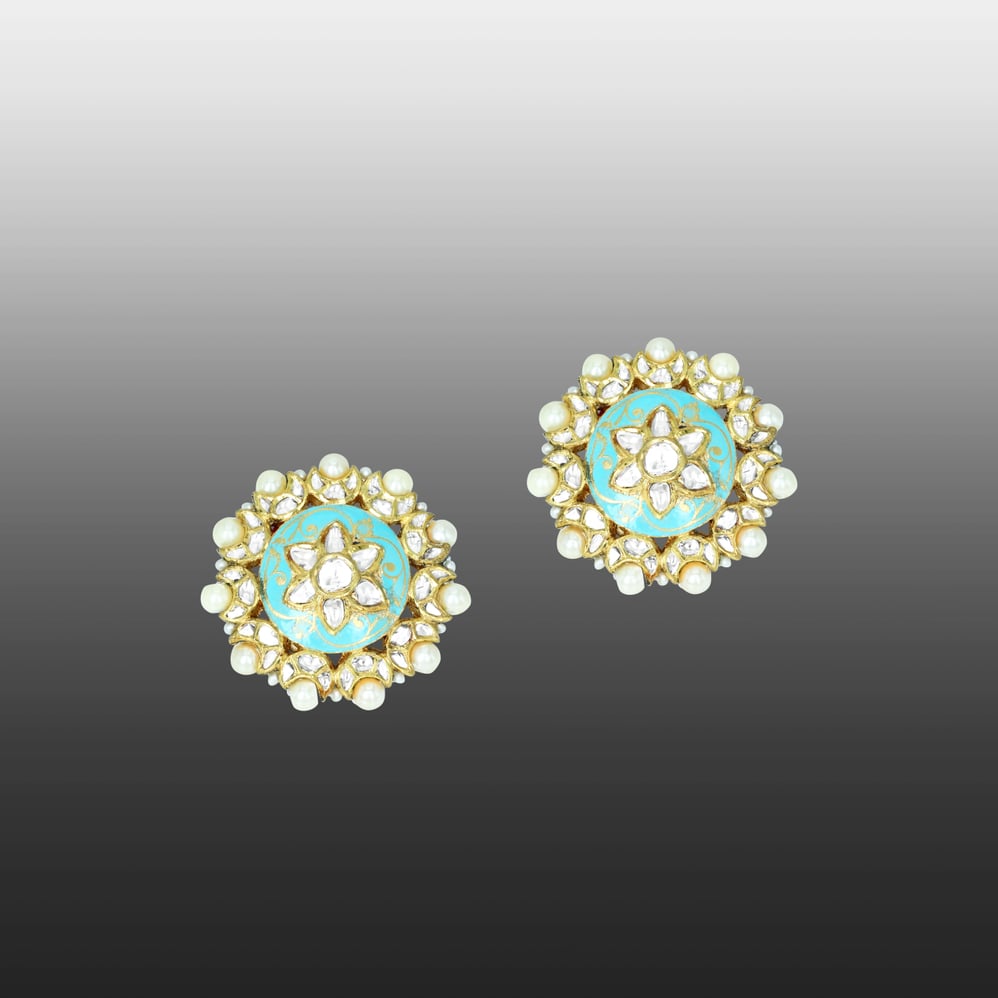 Turquoise Meena Polki Floral Studs with Pearls