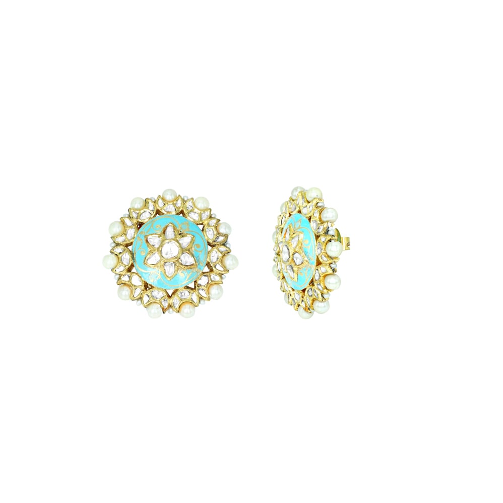 Turquoise Meena Polki Floral Studs with Pearls