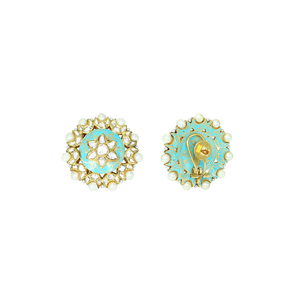 Turquoise Meena Polki Floral Studs with Pearls