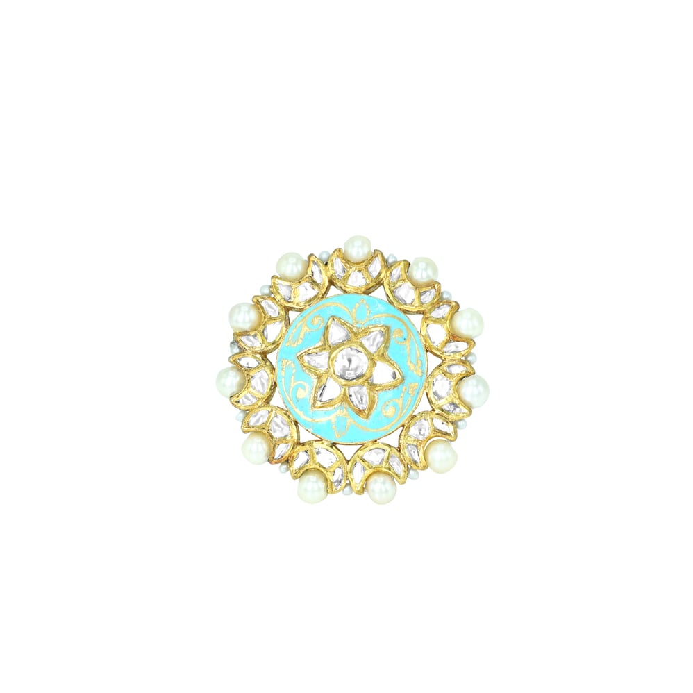 Turquoise Meena Polki Floral Ring with Pearls