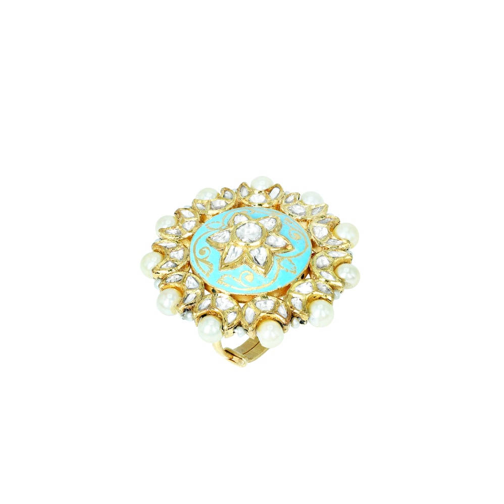 Turquoise Meena Polki Floral Ring with Pearls