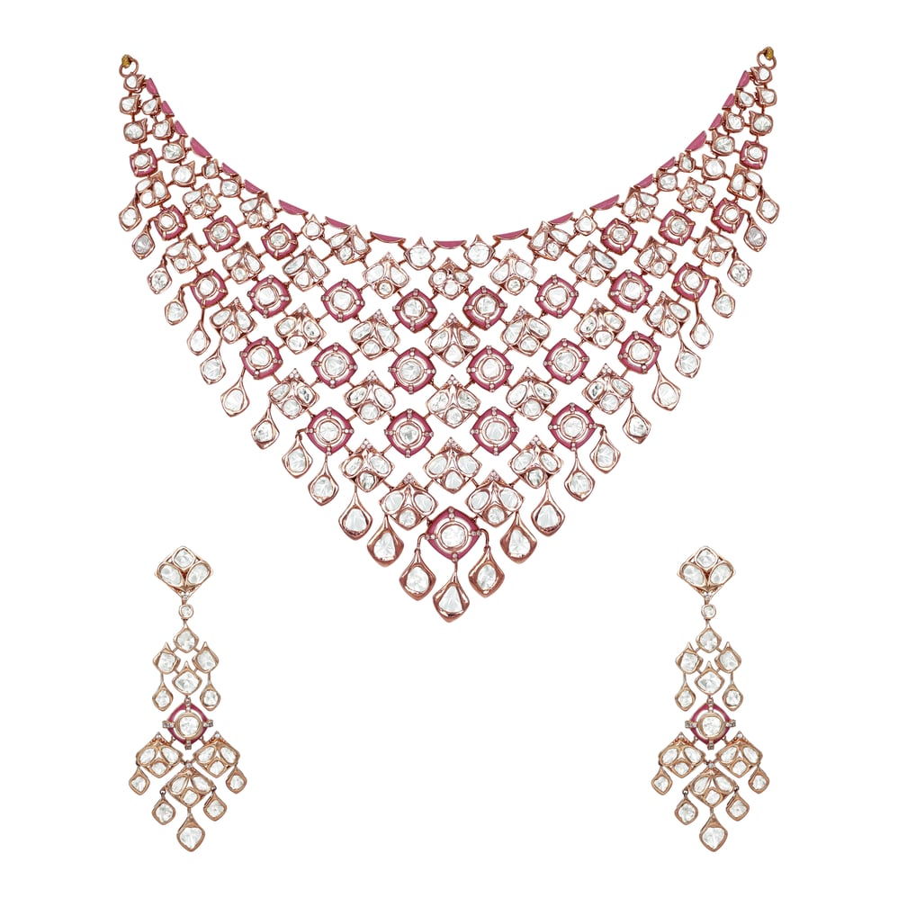 Polki Necklace Set with Pink Enamel Intricate work