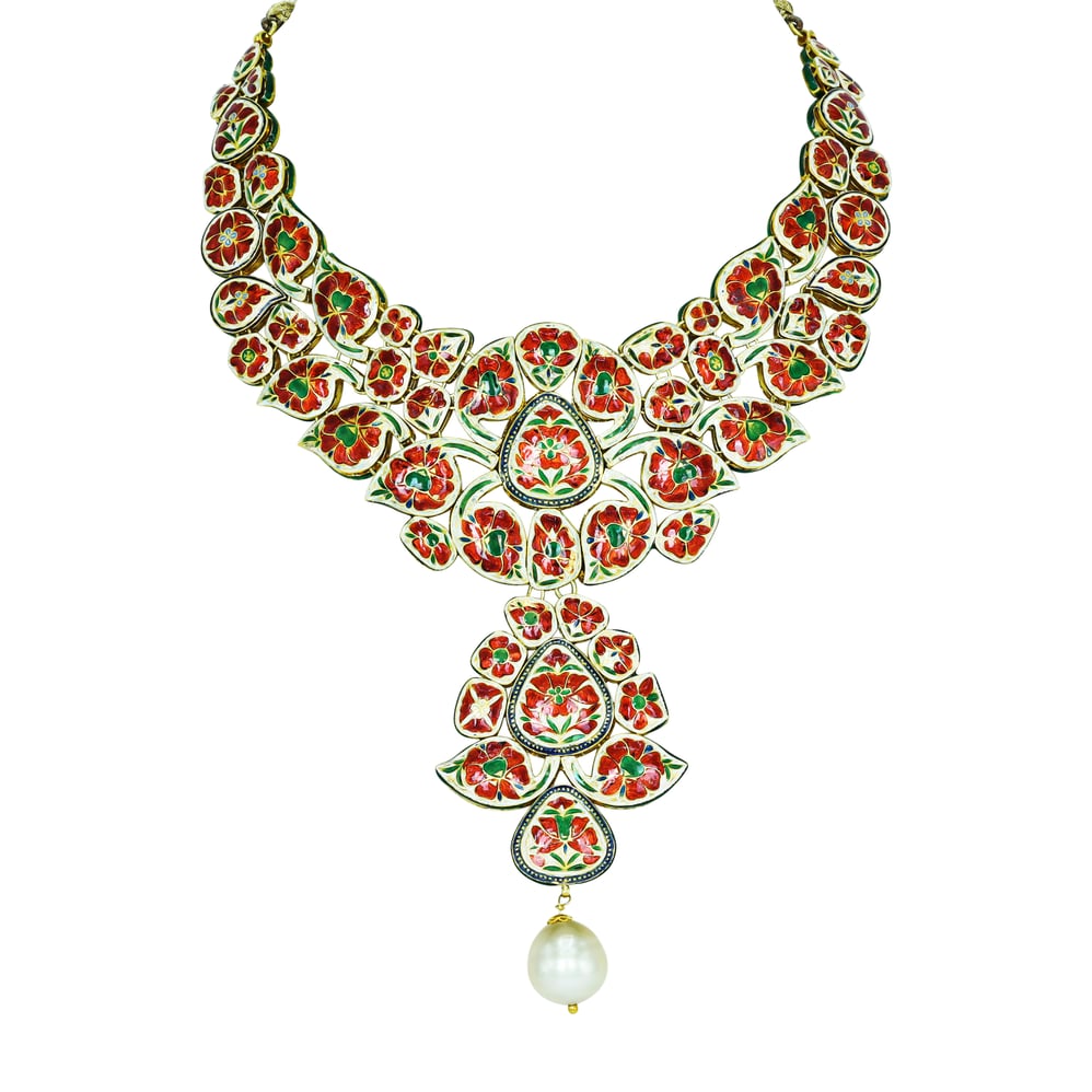 Asymmetrical Polki Necklace Set with Green Enamel and Pearl Drop